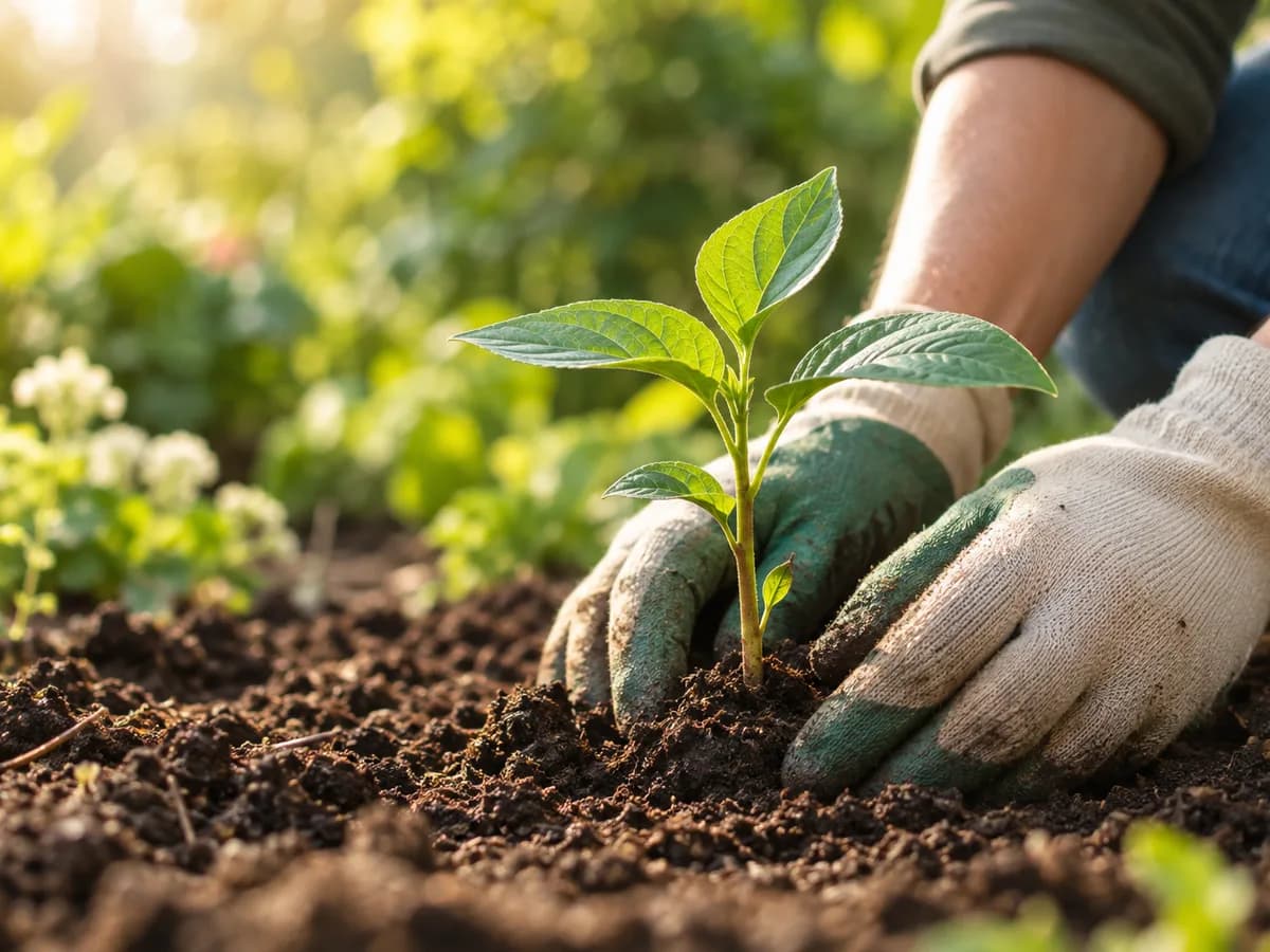 Concept imagery: gloved hands planting a young seedling in soil.